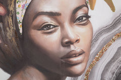 Peinture murale Naomi avec cadre en bois et applications en tissu