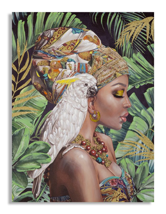 Peinture murale Kloe sur toile avec cadre bois femme et perroquet