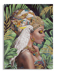 Peinture murale Kloe sur toile avec cadre bois femme et perroquet