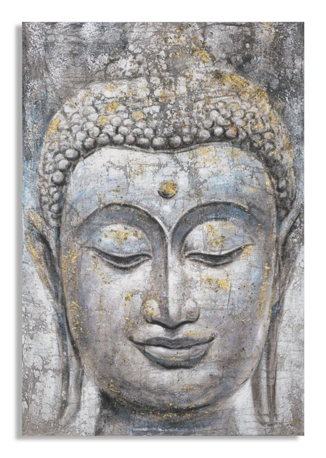 Peinture sur toile Bouddha avec cadre en bois applications dorées