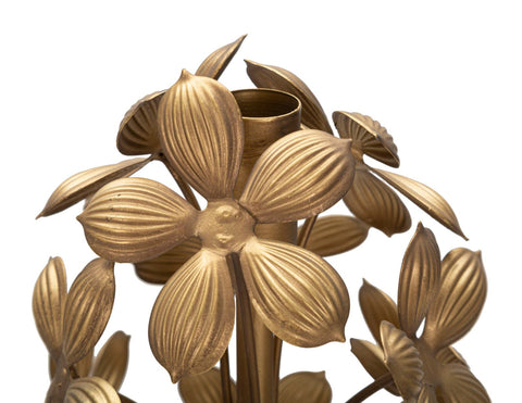 Portavelas de metal dorado con adornos florales