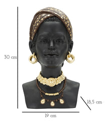 Statue tête de femme coiffe et bijoux en résine noire dorée