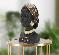 Statue tête de femme coiffe et bijoux en résine noire dorée