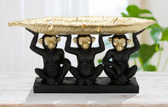 Décor Singe Tris Socle Noir et Feuille de Palmier Dorée