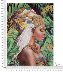 Peinture murale Kloe sur toile avec cadre bois femme et perroquet