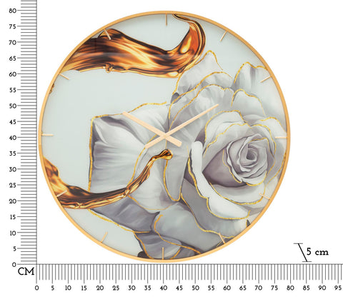 Horloge murale ronde cadran décoré d'une rose cadre doré