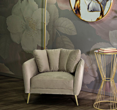Sillón Kiev Tela Gris patas metal dorado