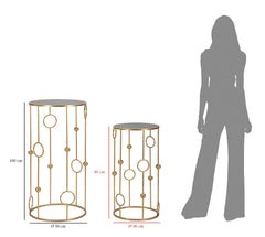 Ensemble de tables rondes en métal doré avec plateau en verre miroir