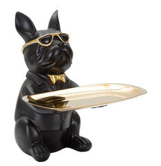 Décor bulldog avec plateau doré en métal noir