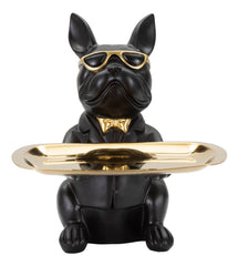 Décor bulldog avec plateau doré en métal noir