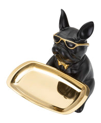 Décor bulldog avec plateau doré en métal noir