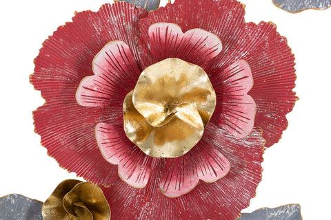 Panneau mural décoratif en métal 3D fleur couleurs vives et feuilles