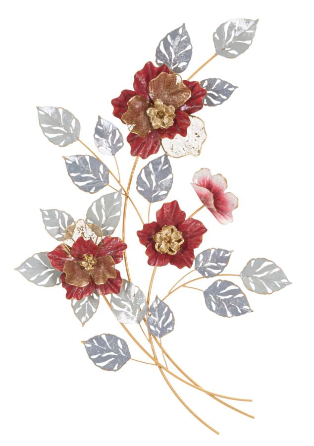 Panneau mural décoratif métal 3D fleurs et feuilles couleurs vives
