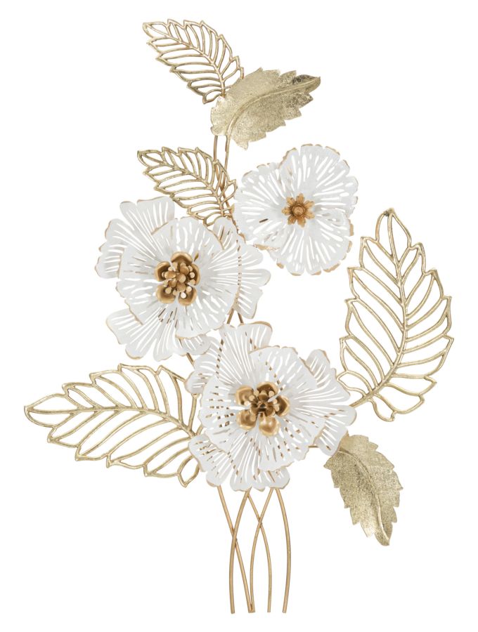 Panel decorativo de pared de metal dorado y blanco con flores y hojas