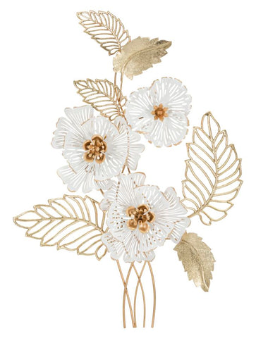 Panel decorativo de pared de metal dorado y blanco con flores y hojas