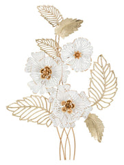 Panneau mural décoratif en métal doré et blanc fleurs et feuilles
