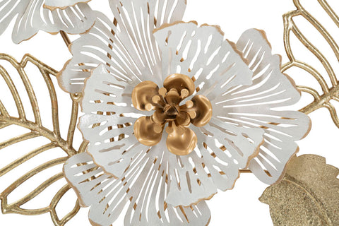 Panel decorativo de pared de metal dorado y blanco con flores y hojas