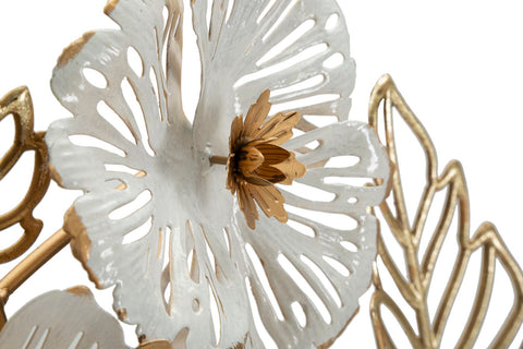 Panel decorativo de pared de metal dorado y blanco con flores y hojas