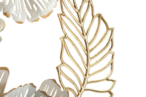 Panel decorativo de pared de metal dorado y blanco con flores y hojas