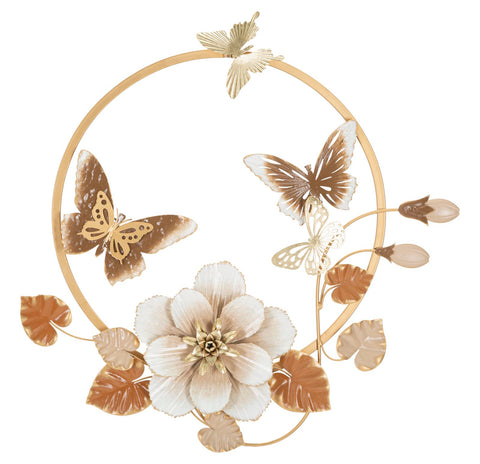 Panneau mural décoratif 3D rond en métal doré fleurs et papillons
