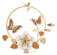 Panneau mural décoratif 3D rond en métal doré fleurs et papillons