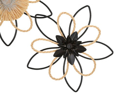 Panneau mural décoratif 3D en métal et raphia fleurs Noir et Naturel