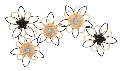 Panel de pared decorativo 3D de metal y rafia con flores Negro y Natural