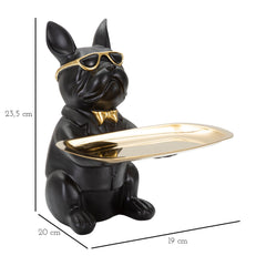 Décor bulldog avec plateau doré en métal noir