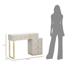 Bureau de toilette en tissu blanc plateau imitation marbre avec 6 tiroirs garnitures dorées