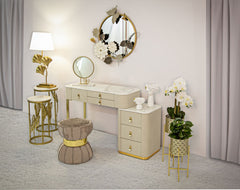 Bureau de toilette en tissu blanc plateau imitation marbre avec 6 tiroirs garnitures dorées
