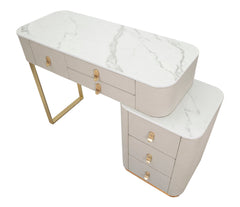 Bureau de toilette en tissu blanc plateau imitation marbre avec 6 tiroirs garnitures dorées