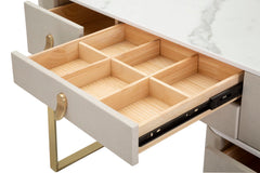 Bureau de toilette en tissu blanc plateau imitation marbre avec 6 tiroirs garnitures dorées