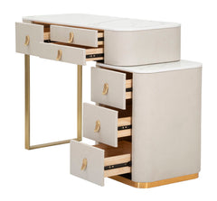 Bureau de toilette en tissu blanc plateau imitation marbre avec 6 tiroirs garnitures dorées