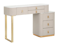 Bureau de toilette en tissu blanc plateau imitation marbre avec 6 tiroirs garnitures dorées