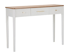 Console rectangulaire Matera Bois Blanc et plateau Marron, 3 tiroirs, poignées Dorées