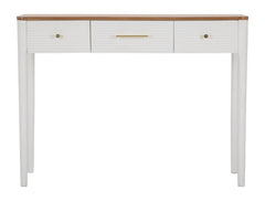 Console rectangulaire Matera Bois Blanc et plateau Marron, 3 tiroirs, poignées Dorées