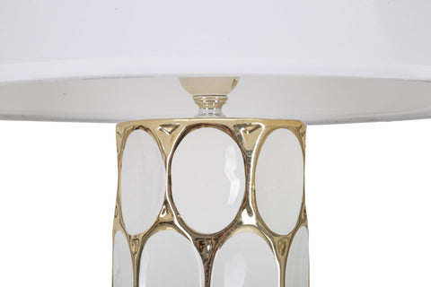 Lámpara de mesa de cerámica blanca y dorada con pantalla de tela blanca