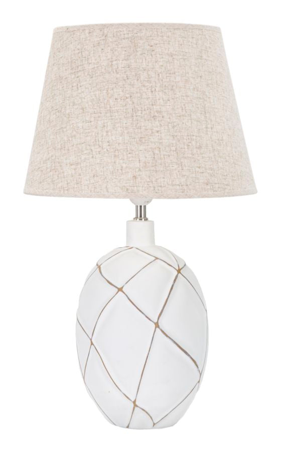 Lámpara de mesa de resina con motivos geométricos y pantalla de tela beige