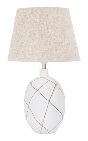 Lámpara de mesa de resina con motivos geométricos y pantalla de tela beige