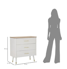 Commode en bois blanc 3 tiroirs Matera plateau bois marron pieds métal doré