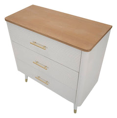 Commode en bois blanc 3 tiroirs Matera plateau bois marron pieds métal doré