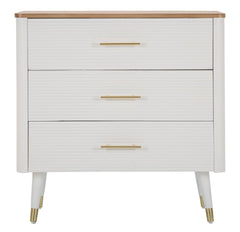 Commode en bois blanc 3 tiroirs Matera plateau bois marron pieds métal doré