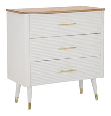 Commode en bois blanc 3 tiroirs Matera plateau bois marron pieds métal doré