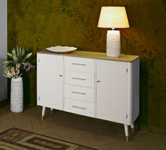 Armoire Matera bois blanc avec plateau bois brun et pieds métal doré