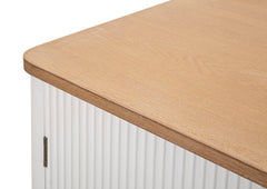 Armoire Matera bois blanc avec plateau bois brun et pieds métal doré