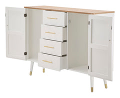 Armoire Matera bois blanc avec plateau bois brun et pieds métal doré