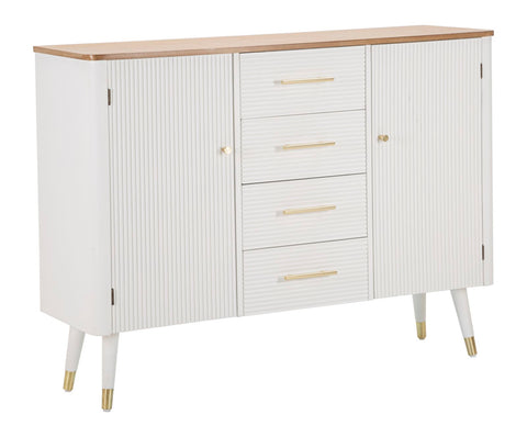 Armoire Matera bois blanc avec plateau bois brun et pieds métal doré