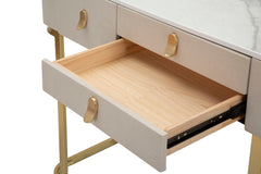Console 3 tiroirs Tissu Blanc dessus façon Marbre pieds dorés