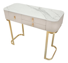 Console 3 tiroirs Tissu Blanc dessus façon Marbre pieds dorés
