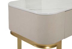Console 3 tiroirs Tissu Blanc dessus façon Marbre pieds dorés